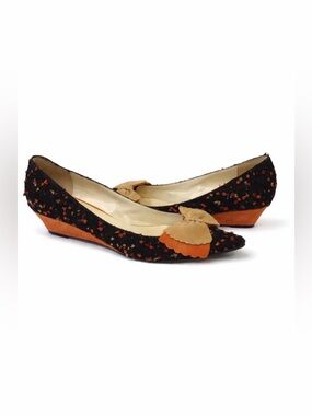 BUTTER Women's Black Orange Tan Speckle Fabric Suede Bow Pointed Wedge Pumps 9